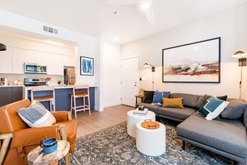 Cupertino apartment for rent - A living room with a grey couch and a coffee table.