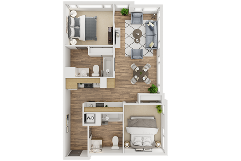 Floor plan for 2 beds, 2 baths, 860 sqft