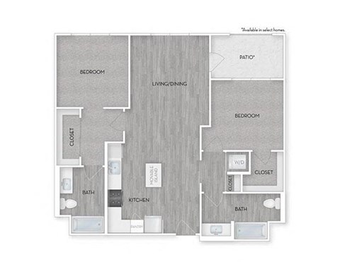 Floor plan for 2 beds, 2 baths, 1020 sqft