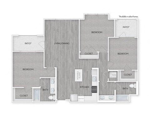 Floor plan for 3 beds, 2 baths, 1405 sqft