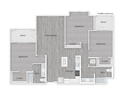 Floor plan for 3 beds, 2 baths, 1395 sqft