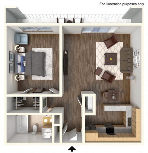 Floor plan for 1 bed, 1 bath, 675 sqft