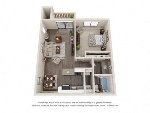 Floor plan for 1 bed, 1 bath, 684 sqft