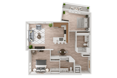 Floor plan for 2 beds, 2 baths, 1264 sqft
