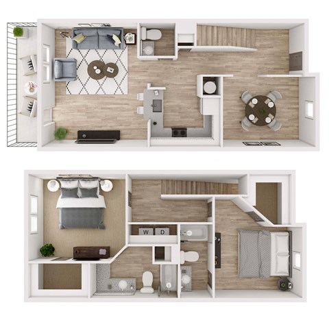 Floor plan for 2 beds, 2.5 baths, 1497 sqft