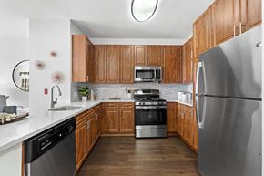 Lyndhurst apartment for rent - a kitchen with stainless steel appliances and wooden cabinets