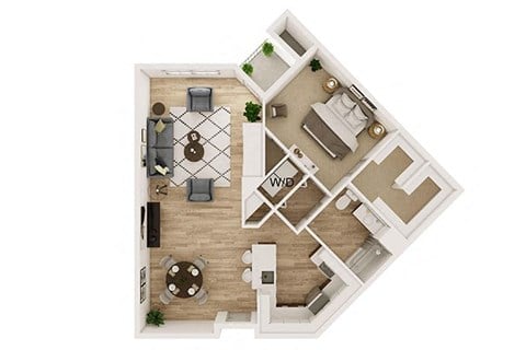 Floor plan for 1 bed, 1 bath, 877 sqft