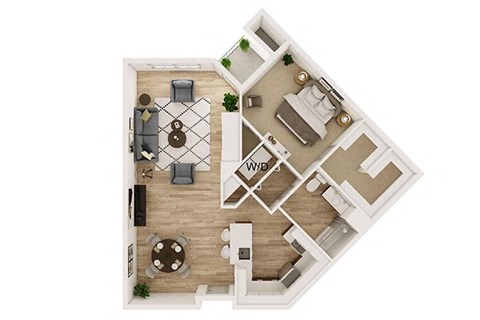Floor plan for 1 bed, 1 bath, 877 sqft