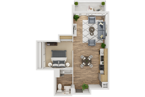 Floor plan for studio, 1 bath, 628 sqft