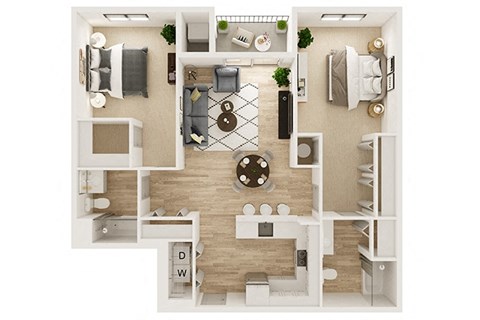 Floor plan for 2 beds, 2 baths, 1067 sqft