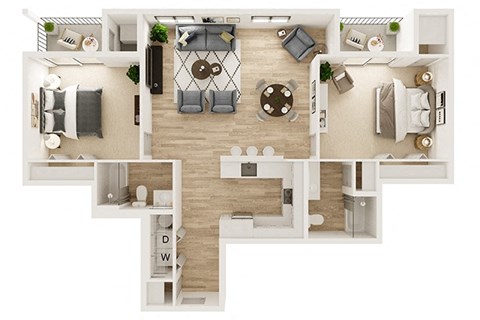 Floor plan for 2 beds, 2 baths, 1154 sqft