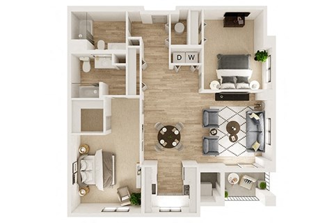 Floor plan for 2 beds, 2 baths, 1233 sqft