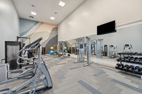 Sammamish apartment for rent - a gym with weights and cardio equipment and a tv on the wall