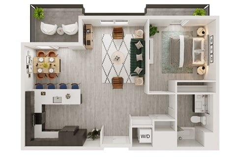 Floor plan for 1 bed, 1 bath, 851 sqft