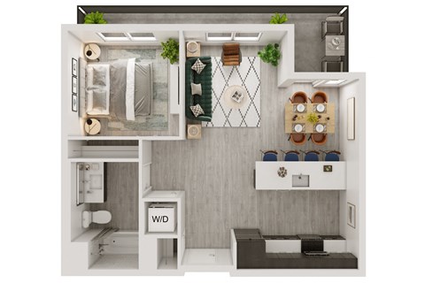 Floor plan for 1 bed, 1 bath, 717 sqft
