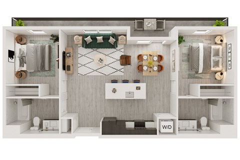 Floor plan for 2 beds, 2 baths, 995 sqft