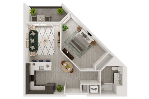 Floor plan for 1 bed, 1 bath, 736 sqft