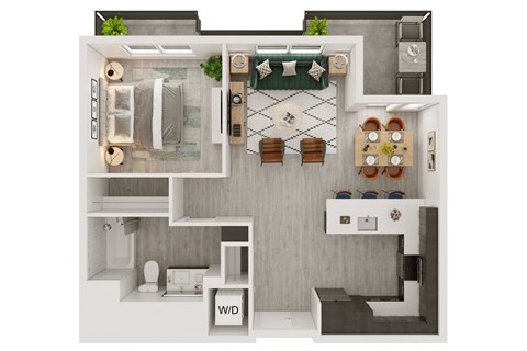 Floor plan for 1 bed, 1 bath, 717 sqft