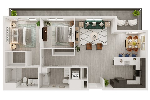 Floor plan for 1 bed, 1 bath, 735 sqft