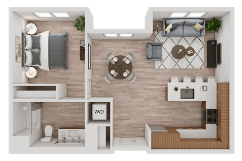 Floor plan for 1 bed, 1 bath, 733 sqft