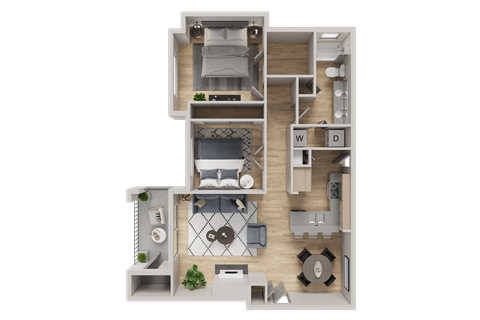 Floor plan for 2 beds, 2 baths, 992 sqft
