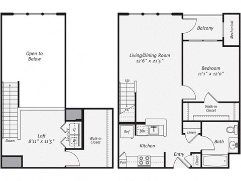 Floor plan for 1 bed, 1 bath, 931 sqft