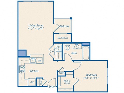 Floor plan for 1 bed, 1 bath, 714 sqft