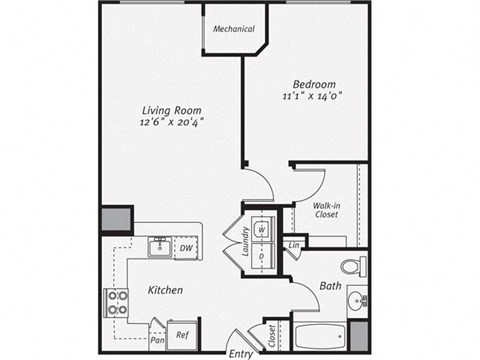 Floor plan for 1 bed, 1 bath, 764 sqft