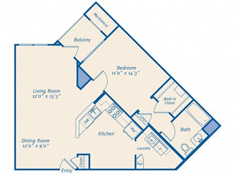Floor plan for 1 bed, 1 bath, 853 sqft
