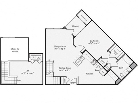 Floor plan for 1 bed, 1 bath, 1027 sqft