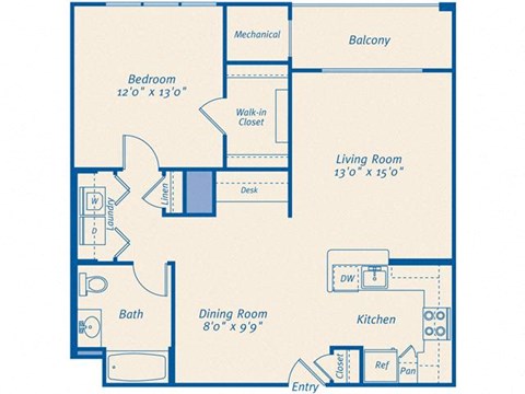 Floor plan for 1 bed, 1 bath, 863 sqft