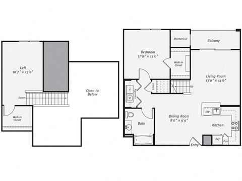 Floor plan for 1 bed, 1 bath, 1096 sqft