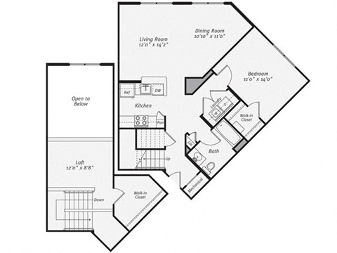 Floor plan for 1 bed, 1 bath, 1043 sqft