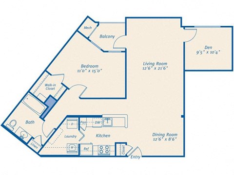 Floor plan for 1 bed, 1 bath, 974 sqft