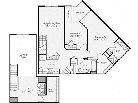 Floor plan for 2 beds, 2 baths, 1219 sqft