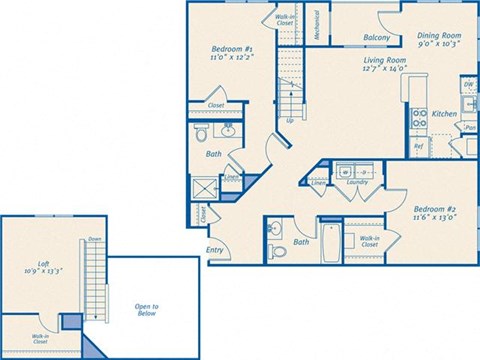 Floor plan for 2 beds, 2 baths, 1450 sqft