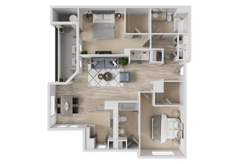 Floor plan for 2 beds, 2 baths, 1077 sqft