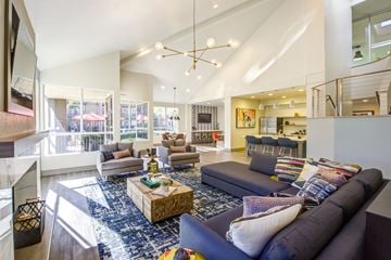 Irvine apartment for rent - A living room with a blue couch and a coffee table.