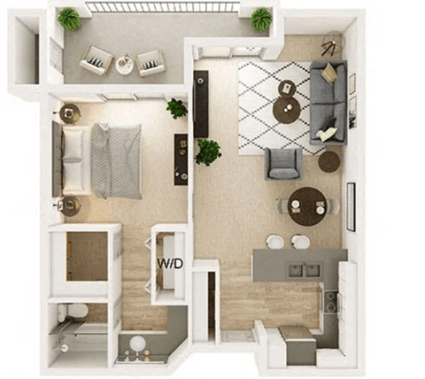 Floor plan for 1 bed, 1 bath, 750 sqft