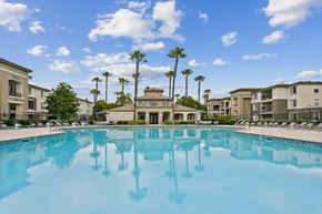 Moorpark apartment for rent - a large swimming pool with apartment buildings and palm trees