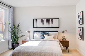 Morristown apartment for rent - a bedroom with a bed and a window and a potted plant