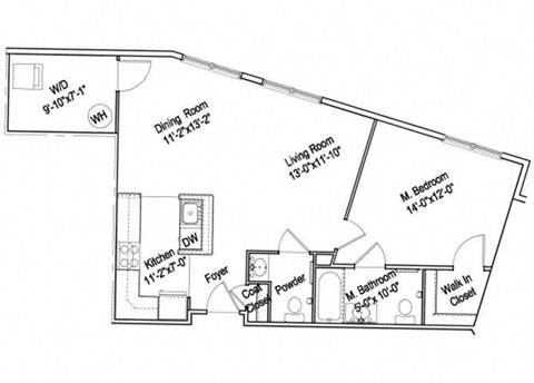 Floor plan for 1 bed, 1.5 baths, 831 sqft