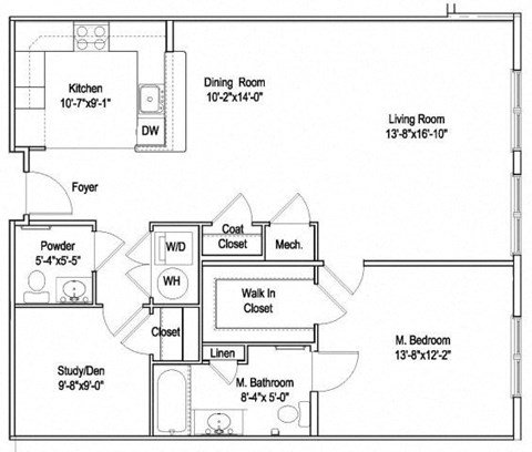 Floor plan for 1 bed, 1.5 baths, 1067 sqft