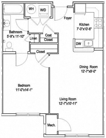 Floor plan for 1 bed, 1 bath, 727 sqft