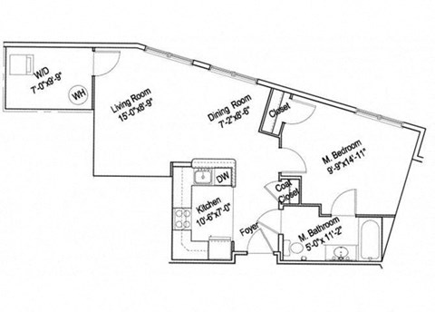 Floor plan for 1 bed, 1 bath, 750 sqft