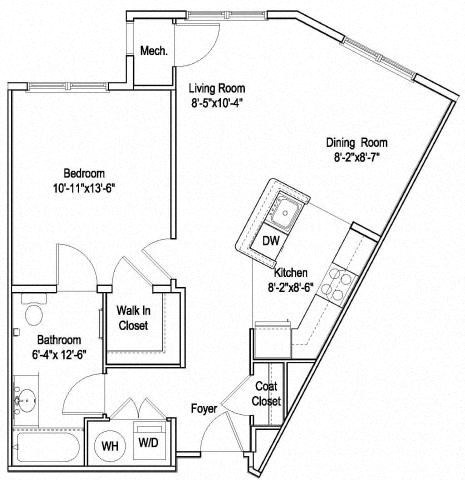 Floor plan for 1 bed, 1 bath, 752 sqft