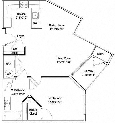 Floor plan for 1 bed, 1 bath, 819 sqft