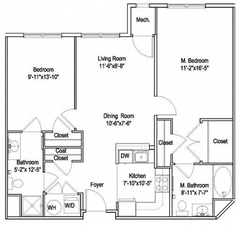 Floor plan for 2 beds, 2 baths, 995 sqft