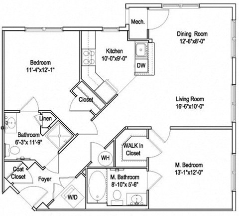 Floor plan for 2 beds, 2 baths, 1009 sqft