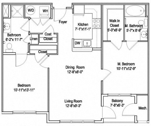 Floor plan for 2 beds, 2 baths, 1027 sqft